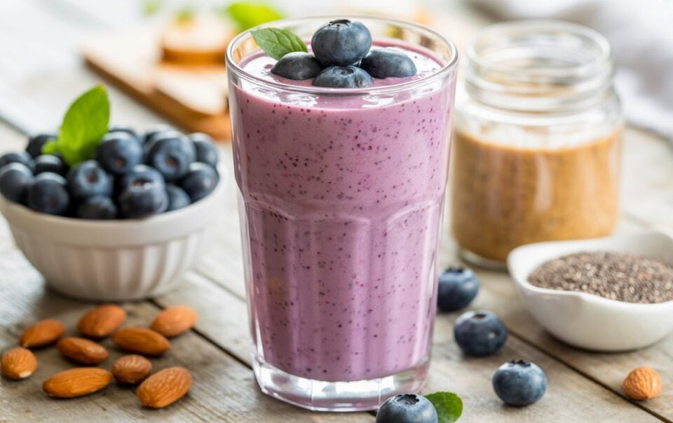 A glass of blueberry smoothie topped with fresh blueberries and a mint leaf, surrounded by almonds, chia seeds, a jar of nut butter, and a bowl of blueberries on a wooden surface—an ideal fiber protein smoothie.