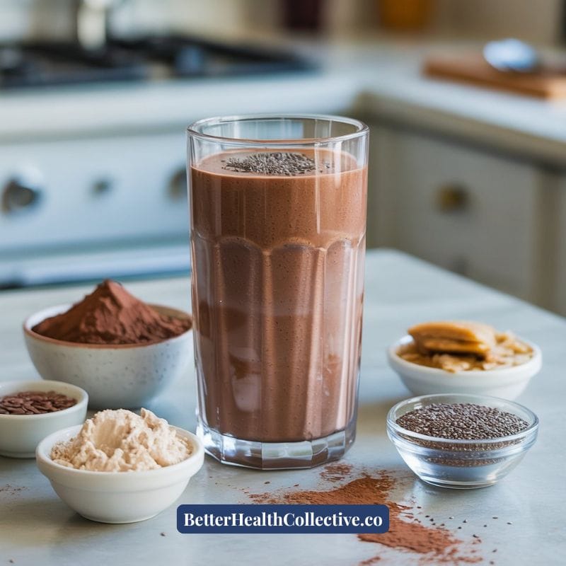 A glass of chocolate protein fiber smoothie sits on a kitchen counter, surrounded by bowls of cocoa powder, protein powder, chia seeds, and almond butter. Text on the image reads “BetterHealthCollective.co”.