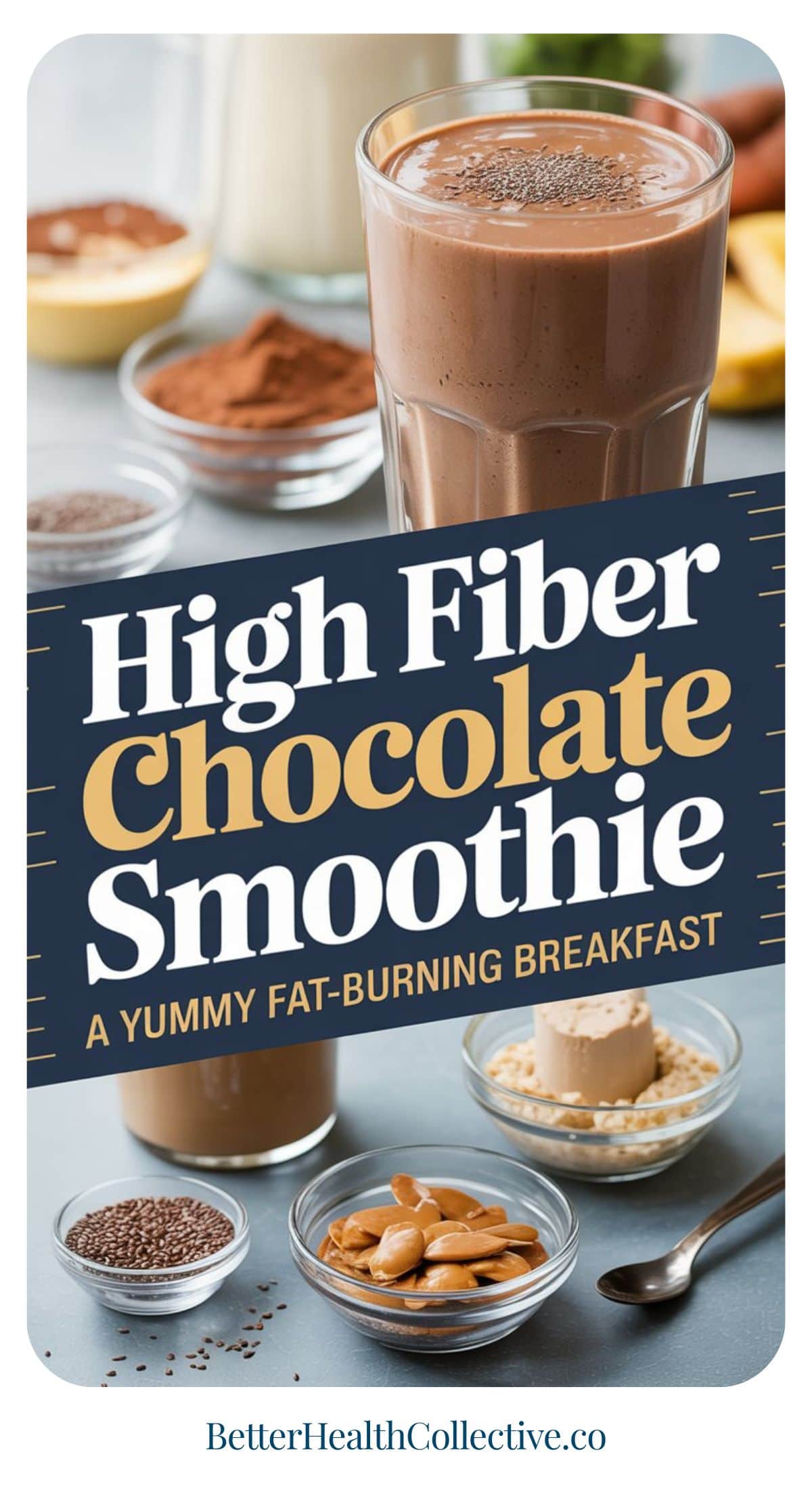 A glass of chocolate protein smoothie is surrounded by ingredients like cocoa powder, seeds, bananas, and almond butter. Text on the image reads: Low Sugar Chocolate Protein Smoothie – A Yummy Fat-Burning Breakfast.