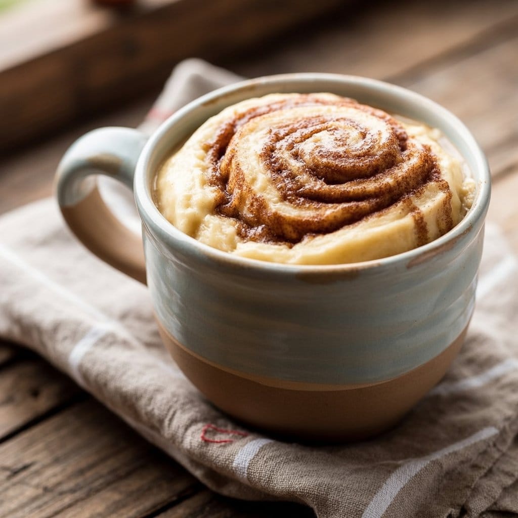 A Microwave Mug Cake cinnamon roll sits in a blue and beige ceramic mug on a folded cloth atop a rustic wooden table, with swirled cinnamon sugar visible on top.