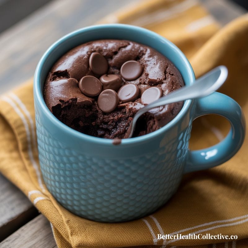 A blue mug filled with a rich Microwave Mug Cake topped with chocolate chips, placed on a yellow cloth with a spoon inside. The text BetterHealthCollective.co appears in the corner.