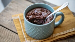 A blue mug filled with chocolate mug cake topped with chocolate chips, with a spoon inside. The mug sits on a folded mustard-yellow napkin on a wooden surface.