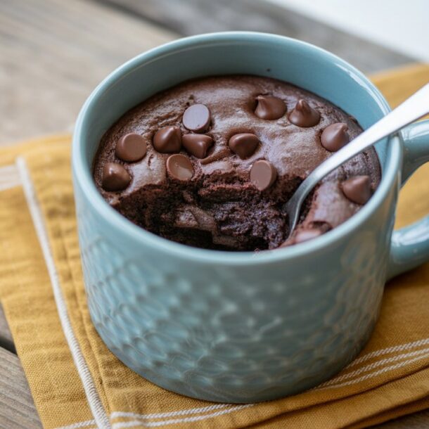 A blue mug filled with chocolate mug cake topped with chocolate chips, with a spoon inside. The mug sits on a folded mustard-yellow napkin on a wooden surface.