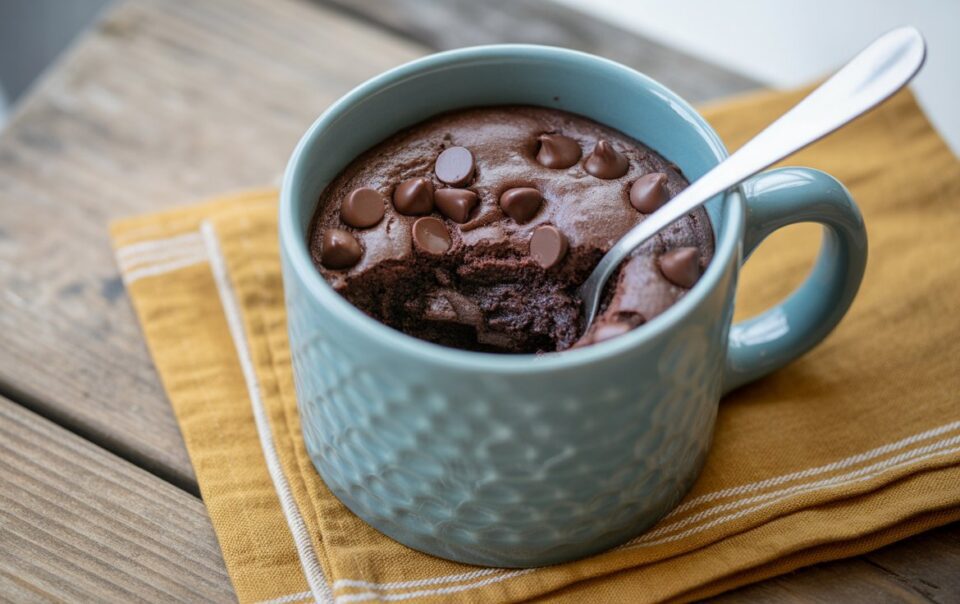 A blue mug filled with chocolate mug cake topped with chocolate chips, with a spoon inside. The mug sits on a folded mustard-yellow napkin on a wooden surface.
