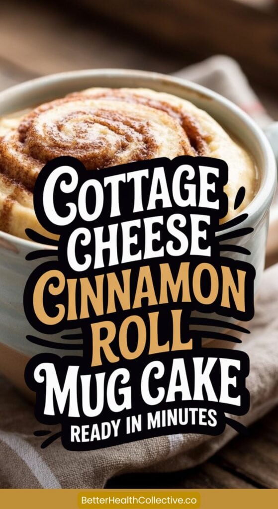 A high protein mug cake with cottage cheese, filled with cinnamon roll flavor and topped with a cinnamon swirl. Overlaid text reads: Cottage Cheese Cinnamon Roll Mug Cake Ready in Minutes. BetterHealthCollective.co appears at the bottom.