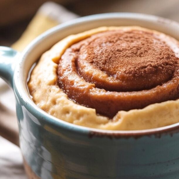 A close-up of a high protein cinnamon roll baked in a blue ceramic mug, with cinnamon sprinkled on top. The mug is placed on a white cloth, and the soft, swirled pastry—made with creamy cottage cheese—looks warm and fresh.