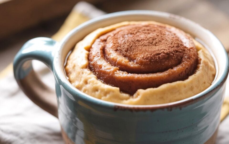 A close-up of a high protein cinnamon roll baked in a blue ceramic mug, with cinnamon sprinkled on top. The mug is placed on a white cloth, and the soft, swirled pastry—made with creamy cottage cheese—looks warm and fresh.