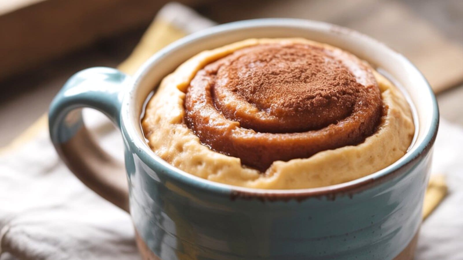 A close-up of a high protein cinnamon roll baked in a blue ceramic mug, with cinnamon sprinkled on top. The mug is placed on a white cloth, and the soft, swirled pastry—made with creamy cottage cheese—looks warm and fresh.