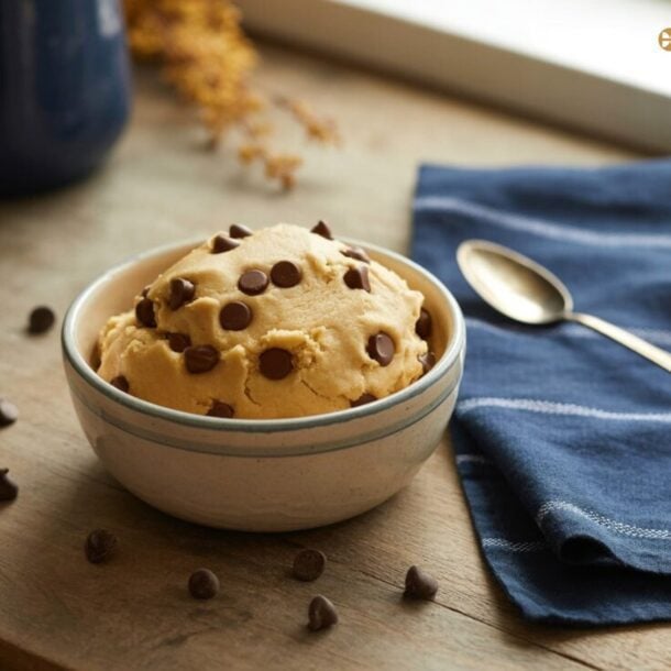 A bowl of Low Calorie cottage cheese cookie dough topped with chocolate chips sits on a wooden table beside a blue napkin, a spoon, and scattered chocolate chips. Another bowl is in the background.