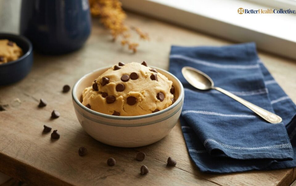 A bowl of Low Calorie cottage cheese cookie dough topped with chocolate chips sits on a wooden table beside a blue napkin, a spoon, and scattered chocolate chips. Another bowl is in the background.