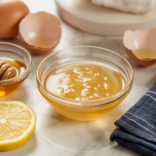 A bowl of honey, a wooden spoon, a lemon slice, eggshells, and a jar of honey with a dipper are arranged on marble—ingredients perfect for creating a natural Face Tightening Mask—next to a dark striped cloth.