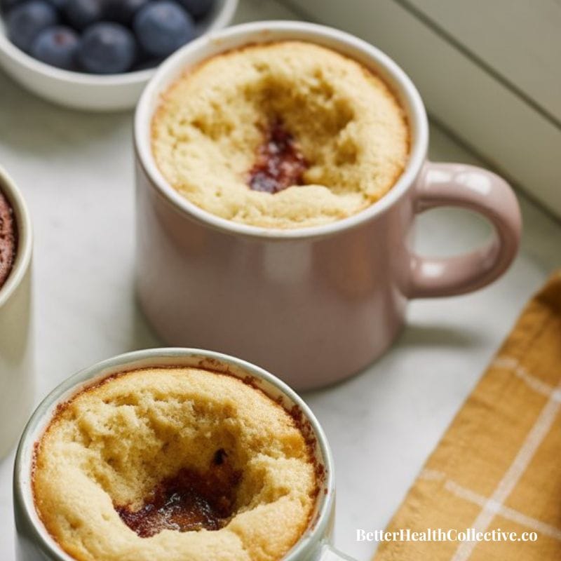Two mugs filled with Microwave Mug Cake, each with a jam-filled center. In the background, a bowl of blueberries and a yellow cloth are visible. The text BetterHealthCollective.co appears in the lower right corner.