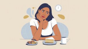 Illustration of a woman sitting at a table, looking thoughtfully at a slice of cake and cookies, with a cup of coffee beside her and a clock on the wall—capturing the moment she reflects on emotional eating triggers.