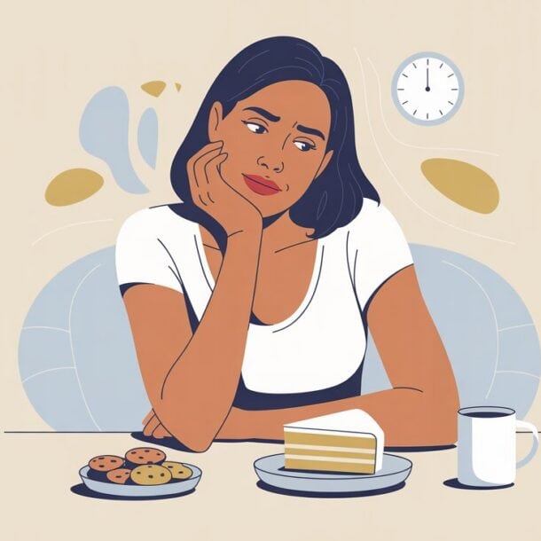 Illustration of a woman sitting at a table, looking thoughtfully at a slice of cake and cookies, with a cup of coffee beside her and a clock on the wall—capturing the moment she reflects on emotional eating triggers.