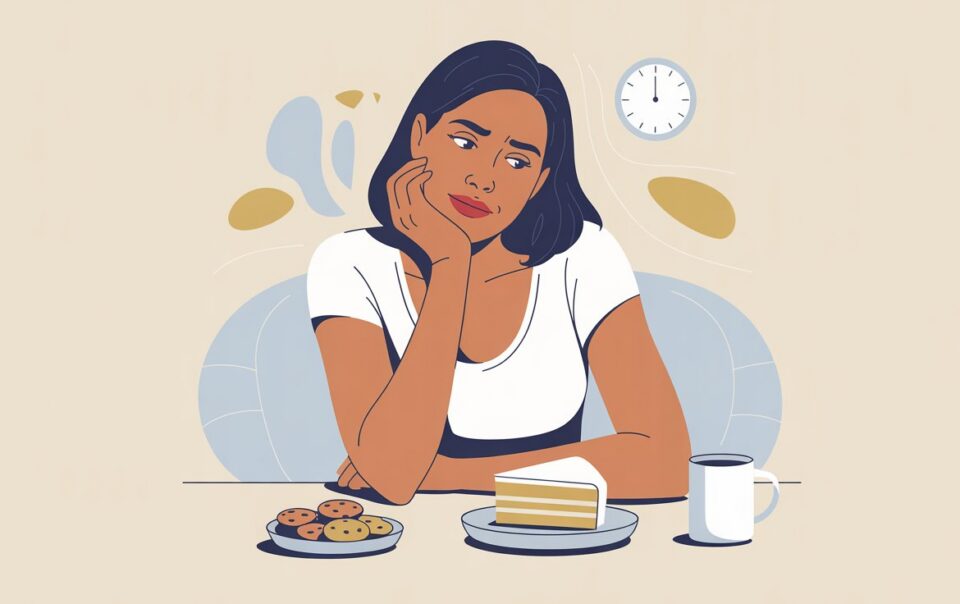 Illustration of a woman sitting at a table, looking thoughtfully at a slice of cake and cookies, with a cup of coffee beside her and a clock on the wall—capturing the moment she reflects on emotional eating triggers.