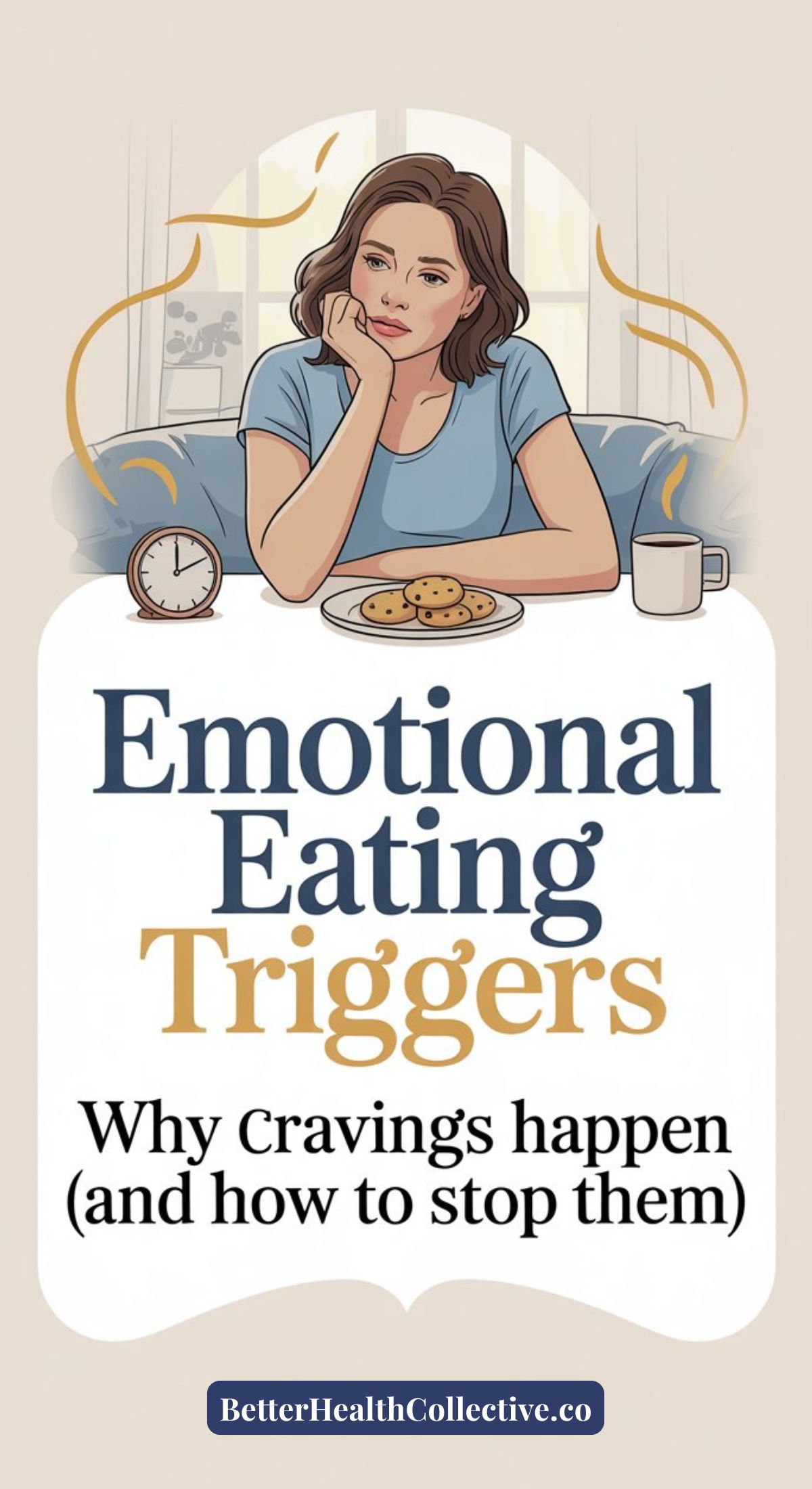 A woman sits at a table looking thoughtful, with a plate of cookies, a cup, and a clock in front of her. Text reads: Emotional eating triggers—why cravings happen (and how to stop them).