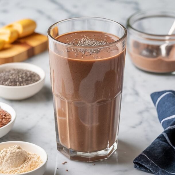 A glass of Chocolate Protein Smoothie topped with chia seeds sits on a marble surface, surrounded by bowls of cocoa powder, flax seeds, and protein powder—perfect for a low sugar, fat-burning treat with a blue-striped cloth nearby.