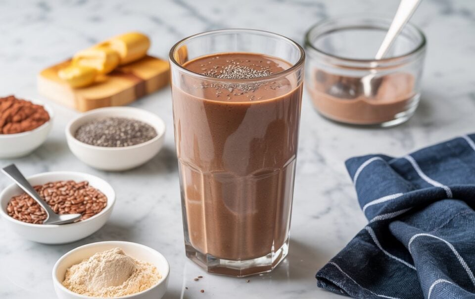 A glass of Chocolate Protein Smoothie topped with chia seeds sits on a marble surface, surrounded by bowls of cocoa powder, flax seeds, and protein powder—perfect for a low sugar, fat-burning treat with a blue-striped cloth nearby.