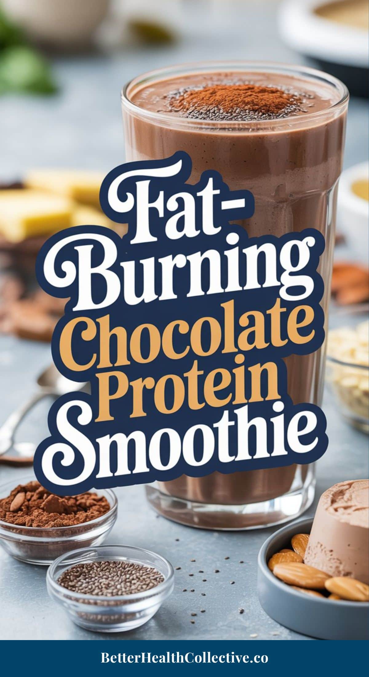 A tall glass of Low Sugar Chocolate Protein Smoothie surrounded by ingredients like cocoa powder, banana slices, chia seeds, and protein powder. Overlaid text reads Fat-Burning Chocolate Protein Smoothie.
