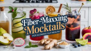 Four colorful mocktails with fruit, herbs, and ice sit on a kitchen counter beside fresh ingredients like ginger, pear, dragon fruit, and lime. Text reads: “Fibermaxxing Mocktails for Glowing Gut Health.” Sip your way to better gut health!.