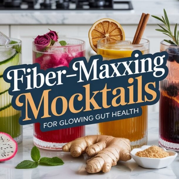 Four colorful mocktails with fruit, herbs, and ice sit on a kitchen counter beside fresh ingredients like ginger, pear, dragon fruit, and lime. Text reads: “Fibermaxxing Mocktails for Glowing Gut Health.” Sip your way to better gut health!.