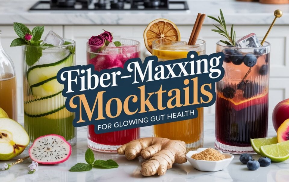 Four colorful mocktails with fruit, herbs, and ice sit on a kitchen counter beside fresh ingredients like ginger, pear, dragon fruit, and lime. Text reads: “Fibermaxxing Mocktails for Glowing Gut Health.” Sip your way to better gut health!.