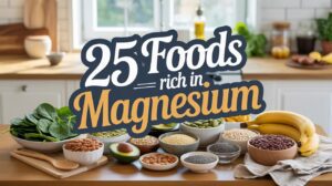 A kitchen counter displays various magnesium rich foods like spinach, bananas, avocado, nuts, beans, seeds, and grains. Large text in the center reads: 25 Foods Rich in Magnesium. The setting is bright and inviting.