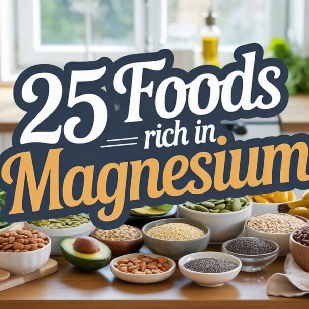 A kitchen counter displays various magnesium rich foods like spinach, bananas, avocado, nuts, beans, seeds, and grains. Large text in the center reads: 25 Foods Rich in Magnesium. The setting is bright and inviting.