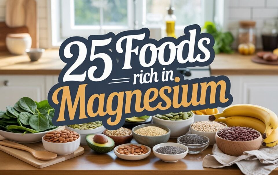 A kitchen counter displays various magnesium rich foods like spinach, bananas, avocado, nuts, beans, seeds, and grains. Large text in the center reads: 25 Foods Rich in Magnesium. The setting is bright and inviting.