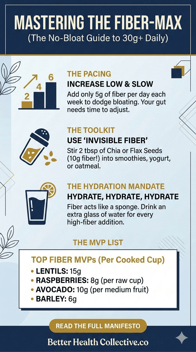 Infographic titled “Mastering the Fiber-Max.” Tips include increasing fiber intake gradually for better gut health, using chia/flax seeds, staying hydrated, and lists high-fiber foods: lentils, raspberries, avocado, and barley. Includes illustrations.