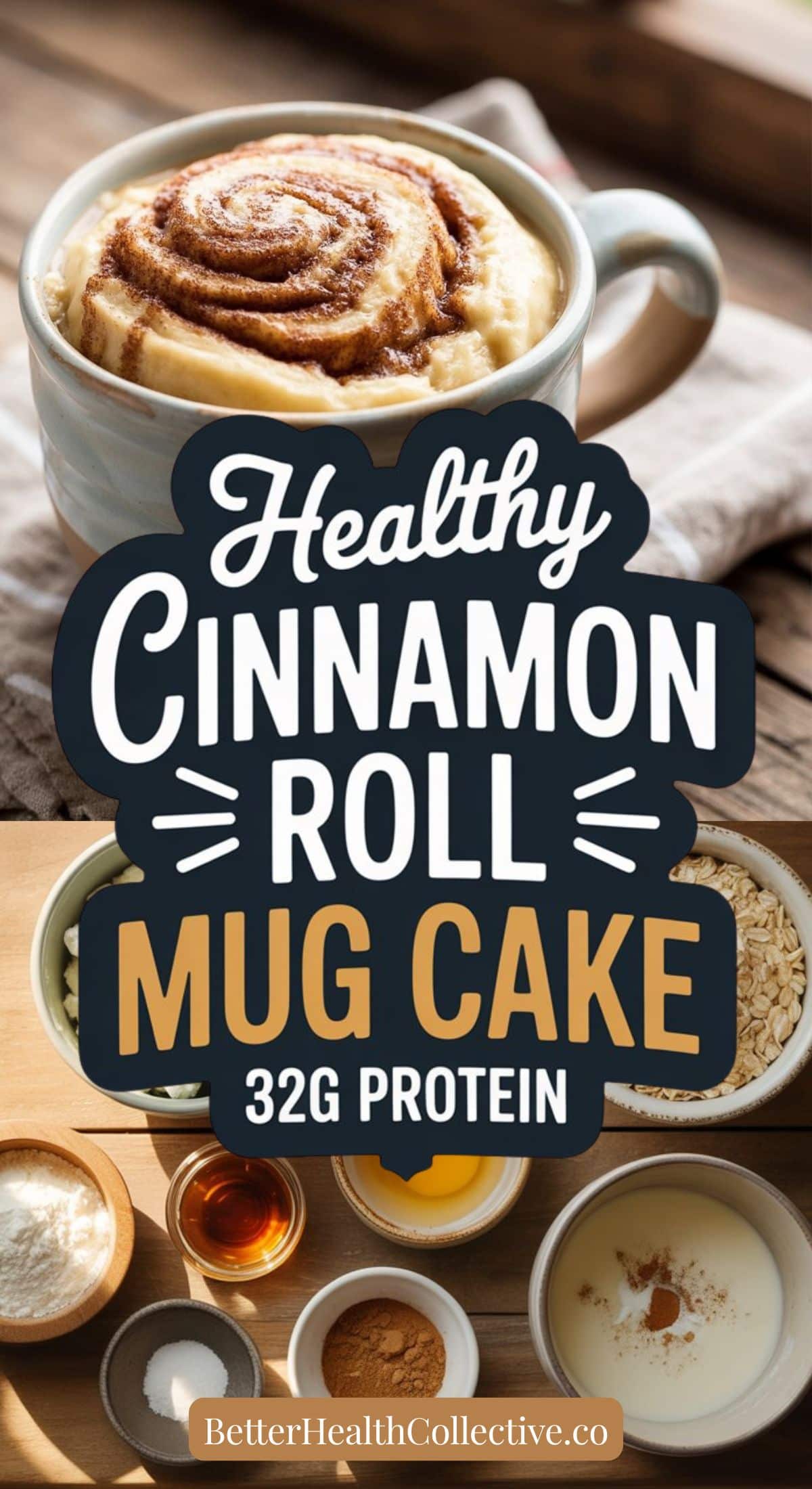 A mug with a cinnamon roll mug cake sits on a napkin. Text reads “Healthy Cinnamon Roll Mug Cake, 32g Protein.” Nearby are bowls of oats, milk, cinnamon, baking powder, sweetener, eggs, vanilla, and high protein cottage cheese.