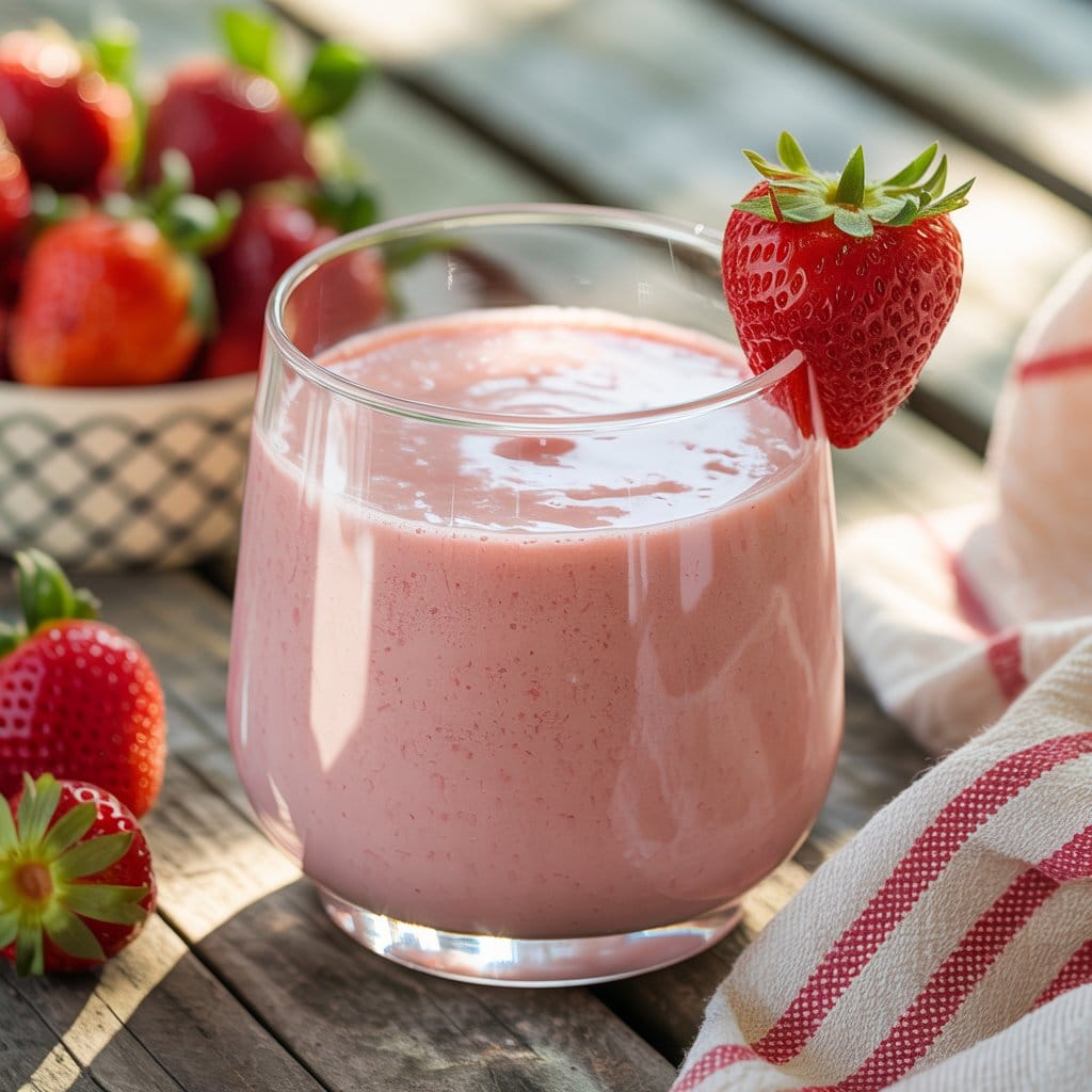 A glass of strawberry protein fiber smoothie, garnished with a whole strawberry, sits on a wooden table next to fresh strawberries and a striped cloth. Sunlight highlights the creamy pink drink.