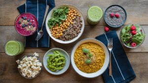 A wooden table set with colorful fiber maxing recipes, including smoothie bowls, lentil and chickpea salads, green smoothies, chia pudding, edamame, popcorn, and a small salad with raspberries. Forks and napkins are also present.