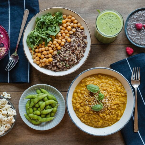 A wooden table set with colorful fiber maxing recipes, including smoothie bowls, lentil and chickpea salads, green smoothies, chia pudding, edamame, popcorn, and a small salad with raspberries. Forks and napkins are also present.