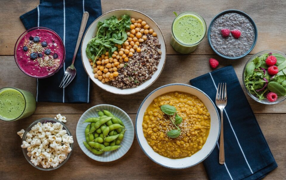 A wooden table set with colorful fiber maxing recipes, including smoothie bowls, lentil and chickpea salads, green smoothies, chia pudding, edamame, popcorn, and a small salad with raspberries. Forks and napkins are also present.