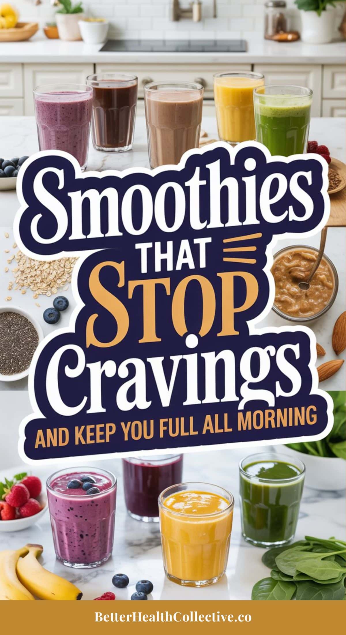 Three colorful protein fiber smoothies in glasses surrounded by ingredients like berries, bananas, chia seeds, peanut butter, oats, and spinach on a kitchen counter. Large text reads, Smoothies that stop cravings and keep you full all morning.