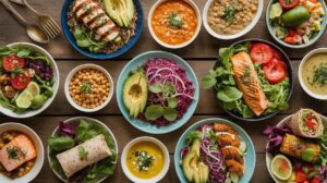 A variety of colorful, healthy dishes including high fiber lunch recipes like salads, grain bowls, wraps, grilled salmon, avocado, chickpeas, soup, and fresh vegetables arranged on a wooden table.