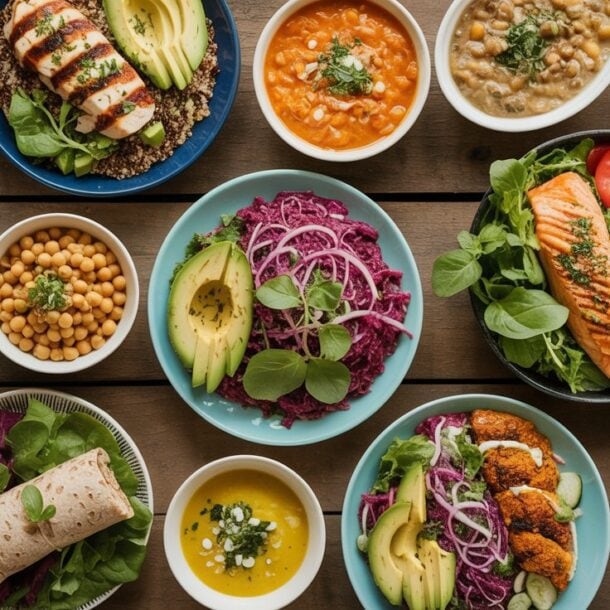 A variety of colorful, healthy dishes including high fiber lunch recipes like salads, grain bowls, wraps, grilled salmon, avocado, chickpeas, soup, and fresh vegetables arranged on a wooden table.