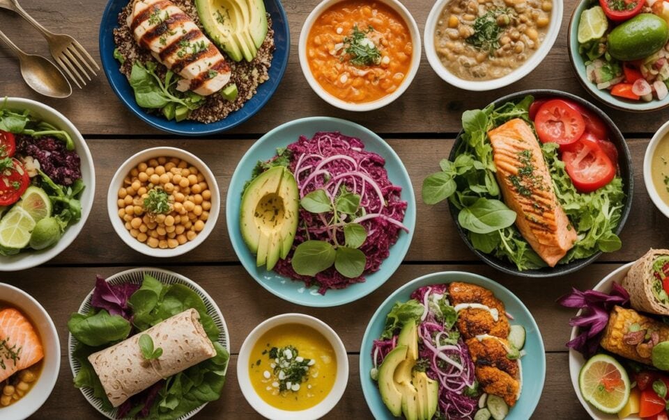 A variety of colorful, healthy dishes including high fiber lunch recipes like salads, grain bowls, wraps, grilled salmon, avocado, chickpeas, soup, and fresh vegetables arranged on a wooden table.