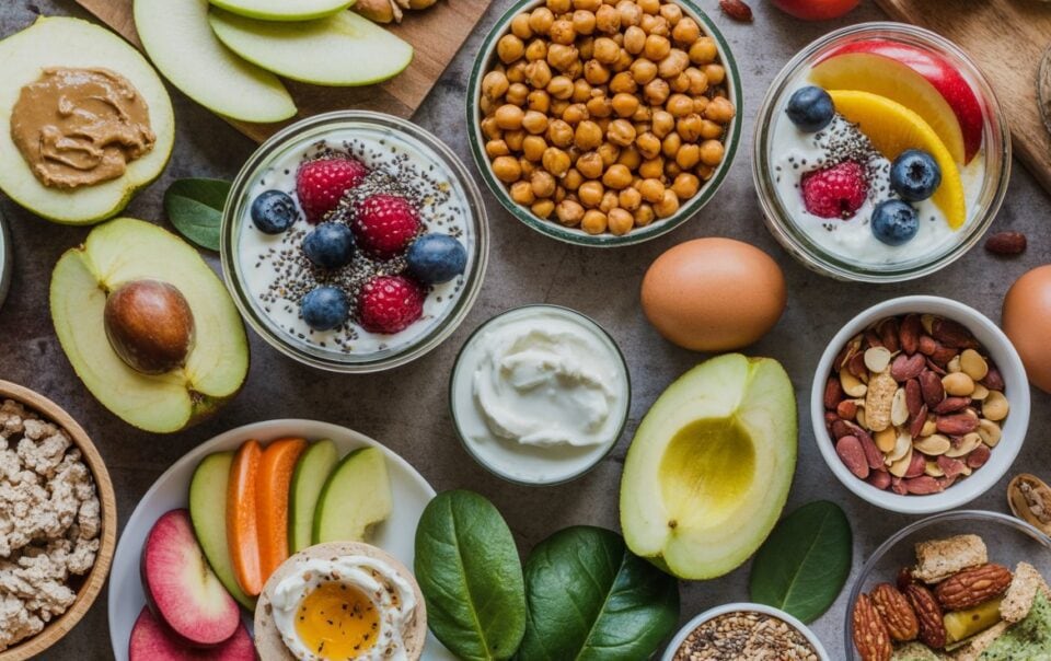 A colorful assortment of healthy snack ideas, featuring yogurt with berries, apple slices, chickpeas, nuts, eggs, avocado halves, seeds, vegetables, nut butter, and leafy greens artfully arranged on a table.