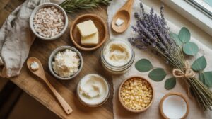 A variety of natural skincare ingredients, including shea butter, beeswax, and oils, are arranged in bowls and jars on a wooden table next to fresh lavender and eucalyptus. A wooden spoon and butter pieces are also visible.