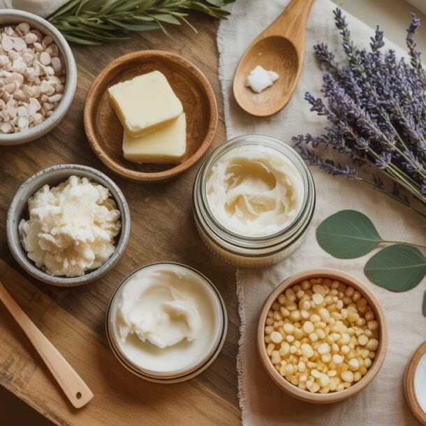 A variety of natural skincare ingredients, including shea butter, beeswax, and oils, are arranged in bowls and jars on a wooden table next to fresh lavender and eucalyptus. A wooden spoon and butter pieces are also visible.