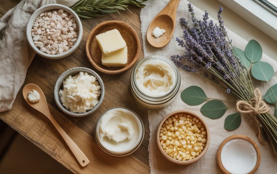 A variety of natural skincare ingredients, including shea butter, beeswax, and oils, are arranged in bowls and jars on a wooden table next to fresh lavender and eucalyptus. A wooden spoon and butter pieces are also visible.