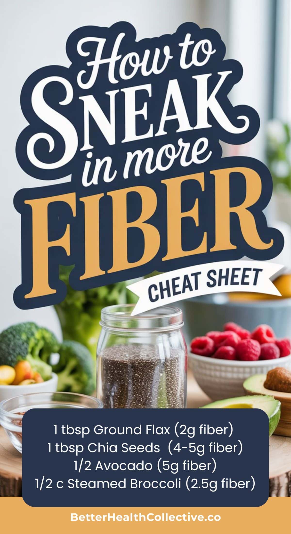 A How to Sneak in More Fiber cheat sheet lists fiber amounts for flax, chia seeds, avocado, and steamed broccoli, with fiber maxing recipes featured alongside fruits and vegetables on a kitchen counter in the background.
