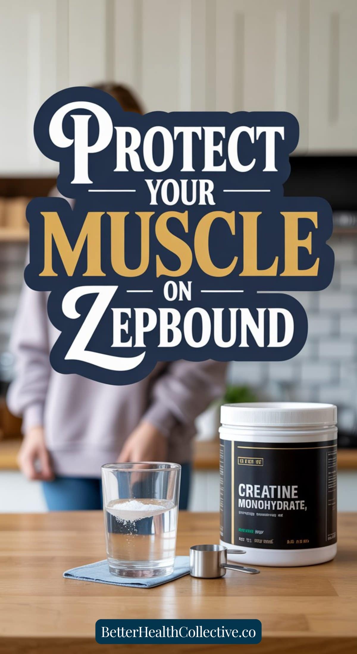 A container of creatine monohydrate and a glass of water sit on a kitchen counter. Large text reads, Protect your muscle on Zepbound with creatine. A person stands blurred in the background. Website: BetterHealthCollective.co.