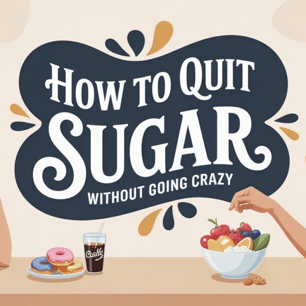 Two women sit at a table. One has donuts and a soda; the other has a bowl of fruit. Large text between them reads, “How to Quit Sugar Without Going Crazy.” The background is neutral with decorative shapes.