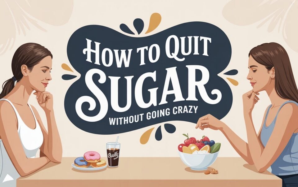 Two women sit at a table. One has donuts and a soda; the other has a bowl of fruit. Large text between them reads, “How to Quit Sugar Without Going Crazy.” The background is neutral with decorative shapes.