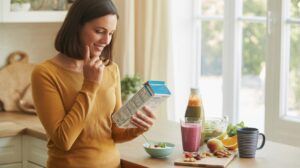 A woman in a mustard sweater stands in a kitchen, smiling as she reads a cereal box. On the counter are a bowl of cereal, dessert, nuts, fruit, and juice—perfect for supporting her body and balanced blood sugar.