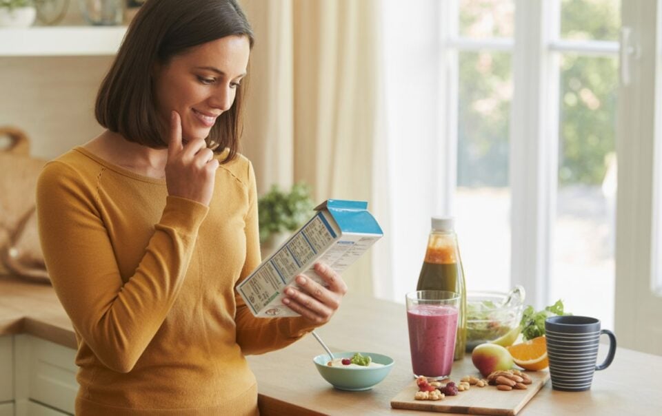 A woman in a mustard sweater stands in a kitchen, smiling as she reads a cereal box. On the counter are a bowl of cereal, dessert, nuts, fruit, and juice—perfect for supporting her body and balanced blood sugar.