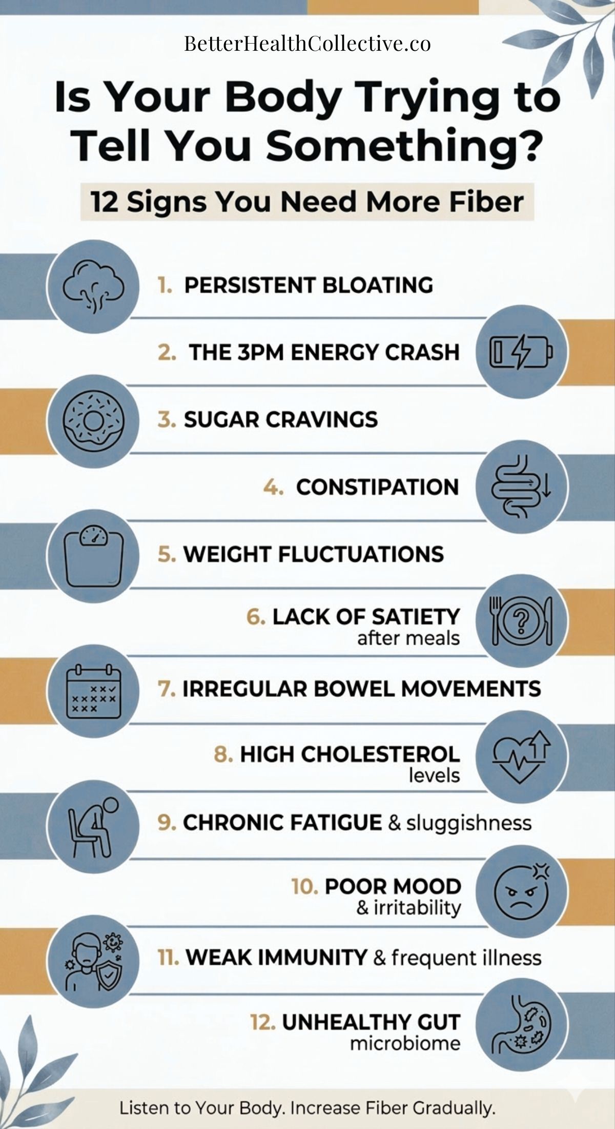 Infographic titled Is Your Body Trying to Tell You Something? 12 Signs of Low Fiber lists symptoms like bloating, fatigue, constipation, high cholesterol, poor mood, and unhealthy gut, with illustrative icons beside each point.